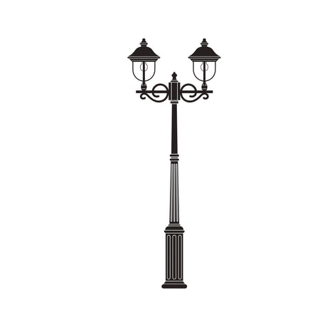 Volute traditional outdoor lamp post in black with a fluted column base, scrolled brackets and two lantern heads with domed copper-effect roofs, shown on a plain white background.