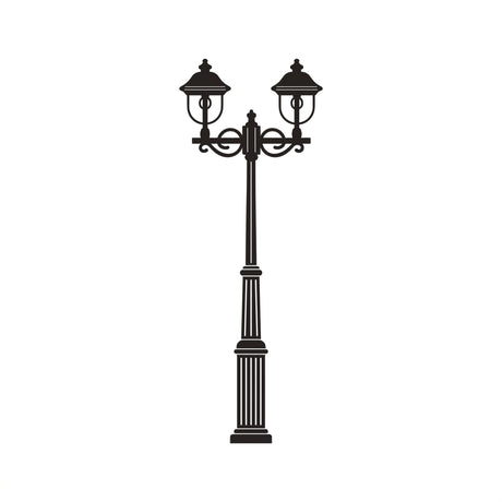 Volute cast aluminium outdoor lamp post in black with a tall fluted column and scrolled brackets holding 2 lantern heads, shown on a plain white background.