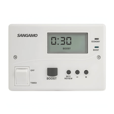 A Powersaver Dual Flexi Controller in white features a digital display indicating a 0:30 boost time and includes an electronic timer. The panel is equipped with buttons for boost, set/review, and plus/minus adjustments along with switches for off, timed, economy, and boost modes.