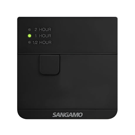 The Powersaver Plus Boost Controller in black is an electronic timer switch featuring LED indicators for time settings of 2 hours, 1 hour, and 30 minutes. The 1-hour indicator glows green. It comes with a single gang surface design, includes a boost function and a small flap, and boasts a rugged switch rating of 16A.