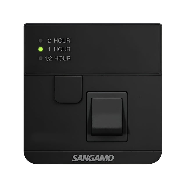 The Powersaver Plus Boost Controller With Fused Spur - Black features clear indication LEDs for 2 hours, 1 hour, and 1/2 hour settings. When the Boost function is active, a green light illuminates. It is designed for single gang mounting and has "Sangamo" printed at the bottom with a switch situated below the indicators.