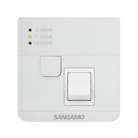 The white Powersaver Plus Boost Controller With Fused Spur offers buttons for selecting 1/2, 1, or 2-hour settings and includes clear indication LEDs. Its minimalist and functional design incorporates a boost function and is rated at 240vAC for reliable performance.