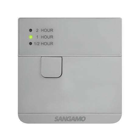 A silver Powersaver Plus Boost Controller, branded with Sangamo at the bottom, features a convenient boost function. It provides three options: 2-hour, 1-hour (indicated by a green LED), and 1/2 hour, all neatly arranged above a central button.