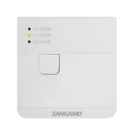 The Powersaver Plus Boost Controller in white features three indicator lights labeled 2 Hour, 1 Hour, and 1/2 Hour. The green light indicates the 1 Hour setting. Positioned below these lights is a small adjustment lever. Designed for Single Gang Surface Mount, this controller includes a Boost Function and offers a durable 16A Switch Rating.