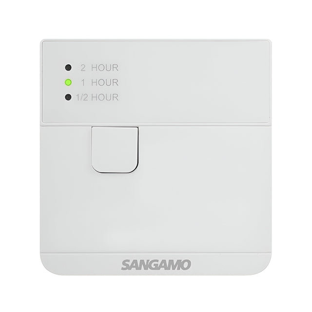 The Powersaver Plus Boost Controller in white features three indicator lights labeled 2 Hour, 1 Hour, and 1/2 Hour. The green light indicates the 1 Hour setting. Positioned below these lights is a small adjustment lever. Designed for Single Gang Surface Mount, this controller includes a Boost Function and offers a durable 16A Switch Rating.