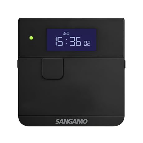 The Powersaver Plus Select Controller - Black has a blue display showing the time as 15:36 and the day as WED. It features a green indicator light on the left, with the brand name SANGAMO displayed at the bottom. With its built-in permanent memory reserve, it offers seamless operation with its 24-hour timer functionality.