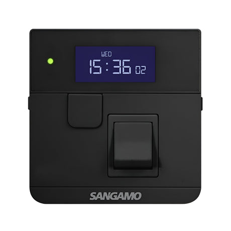 A black Powersaver Plus Select Controller 7 Day with Fused Spur features a digital time switch displaying 15:36 on Wednesday. A green indicator light is active, and the brand name Sangamo is printed at the bottom. It offers 24-hour programming and a convenient boost function for flexible scheduling.