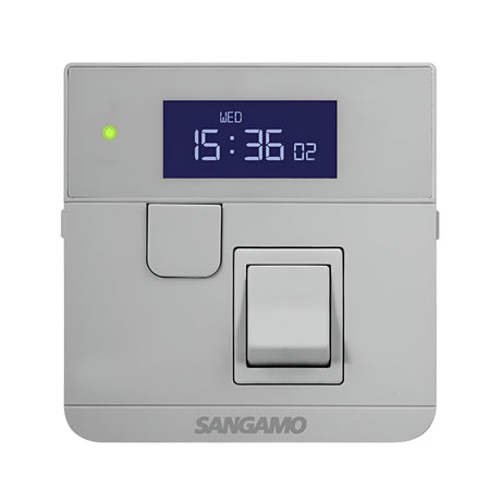 The Powersaver Plus Select Controller 7 Day with Fused Spur in silver displays the time 15:36 and day WED on an LCD screen. It includes a switch rated at 240vAC and has a green indicator light positioned on the left. The brand Sangamo is printed at the bottom, providing 24-hour programming for diverse applications.