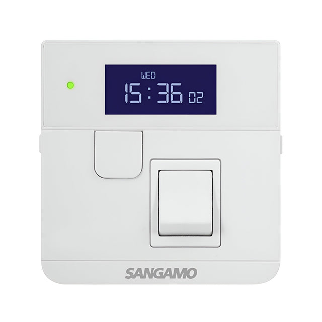 The Powersaver Plus Select Controller 7 Day with Fused Spur in white features a blue LCD screen showing WED and 15:36, along with two buttons and a dial beneath the screen for easy operation. It includes a convenient boost function and has a reliable 13A switch rating. The Sangamo brand name is elegantly printed at the bottom.