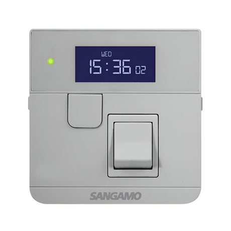 The Powersaver Plus Select Controller 24HR with Fused Spur in Silver features a digital thermostat display showing the time as 15:36 and the day as Wednesday. A small green indicator light is active, and the device, labeled Sangamo at the bottom, offers a convenient 24-hour programming system for customizable comfort.