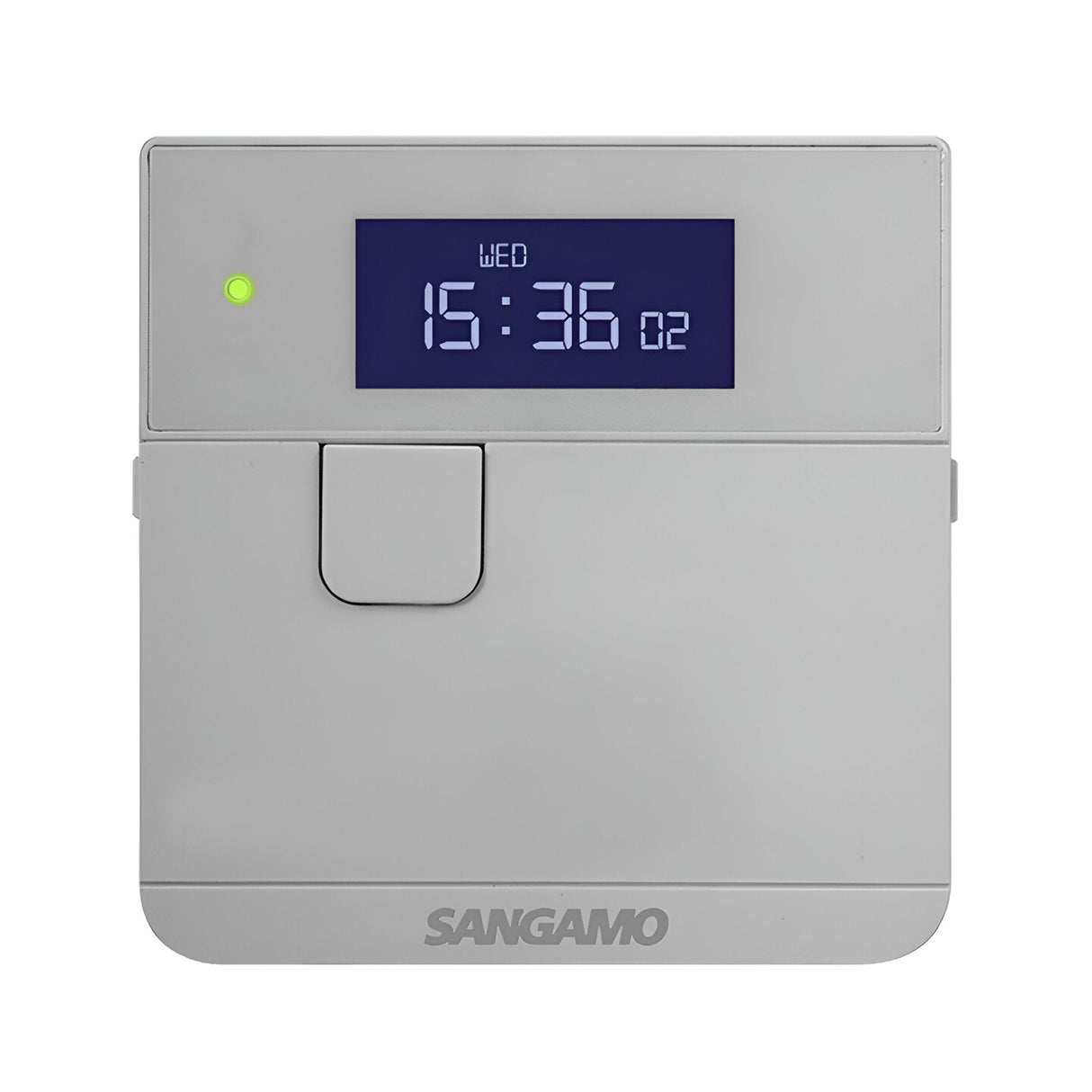 A digital thermostat, the Powersaver Plus Select Controller - Silver, features a sleek, rectangular gray design with a display screen showing WED and time 15:36. It has a small green indicator light and includes SANGAMO at the bottom along with a convenient Boost Function for quick adjustments.