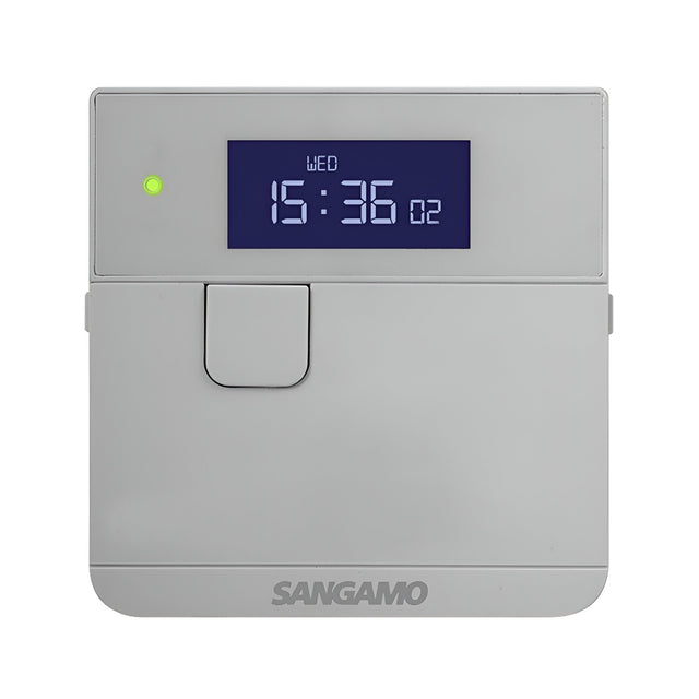 A digital thermostat, the Powersaver Plus Select Controller - Silver, features a sleek, rectangular gray design with a display screen showing WED and time 15:36. It has a small green indicator light and includes SANGAMO at the bottom along with a convenient Boost Function for quick adjustments.