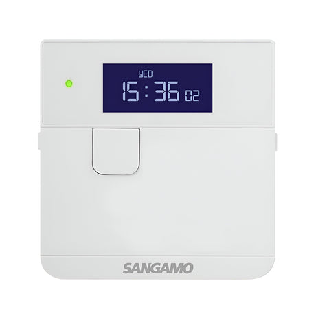 The Powersaver Plus Select Controller - White features a digital display showing the time 15:36 on a blue screen. It indicates the day as WED and the date as 02, with Sangamo branding positioned at the bottom. Equipped with a Permanent Memory Reserve, it guarantees that settings are not lost, and a small green indicator light stays illuminated.