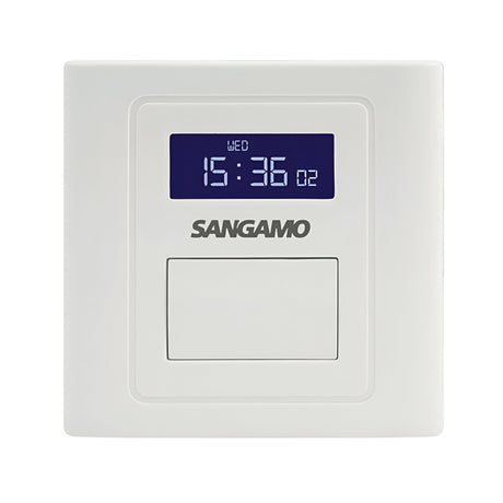 A Powersaver Select Controller featuring a white digital design and a blue screen displaying 15:36, equipped with a button lock feature for added security. The text SANGAMO is printed below the screen.