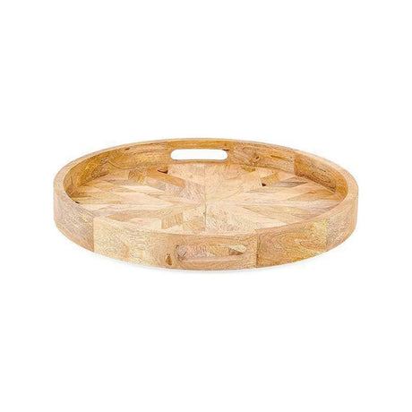 Pawi Round Mango Wood Tray in natural finish, with a geometric parquet-style base, plain square-edged rim, and cut-through handles, shown on a white background.