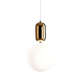 The Pallo Pendant Light - Gold features a glossy gold cylindrical fixture and a smooth, round opal glass diffuser, suspended by a thin cord against a simple background.