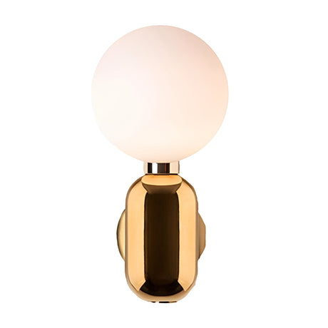 The Pallo Wall Light - Gold features a glossy gold base and a large, round opal glass diffuser as the lampshade, displayed against a plain white background.