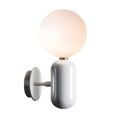 The Pallo Wall Light - White features a glossy white cylindrical base, round wall mount, and opal glass diffuser, emitting a soft, warm glow. Its minimalist design enhances any space with clean elegance.