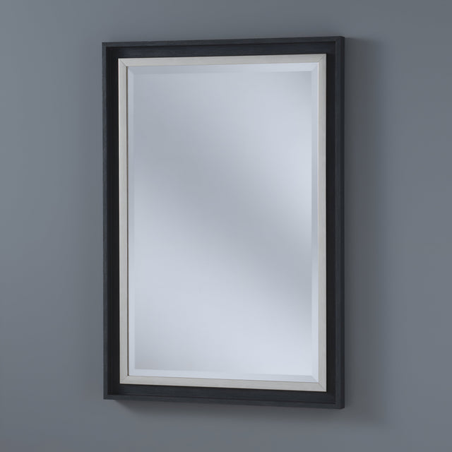 The Artivis Rectangle Wall Mirror, featuring a black frame and beveled edge, elegantly enhances the plain gray wall with its modern minimalist design that subtly reflects light for a clean, understated look.