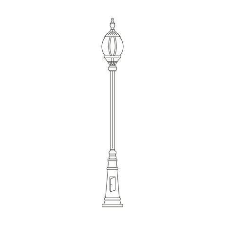 Mullion cast aluminium outdoor lamp post, 203cm, single-light lantern with domed finial atop a tapered column and plinth base, shown as a line drawing on a white background.