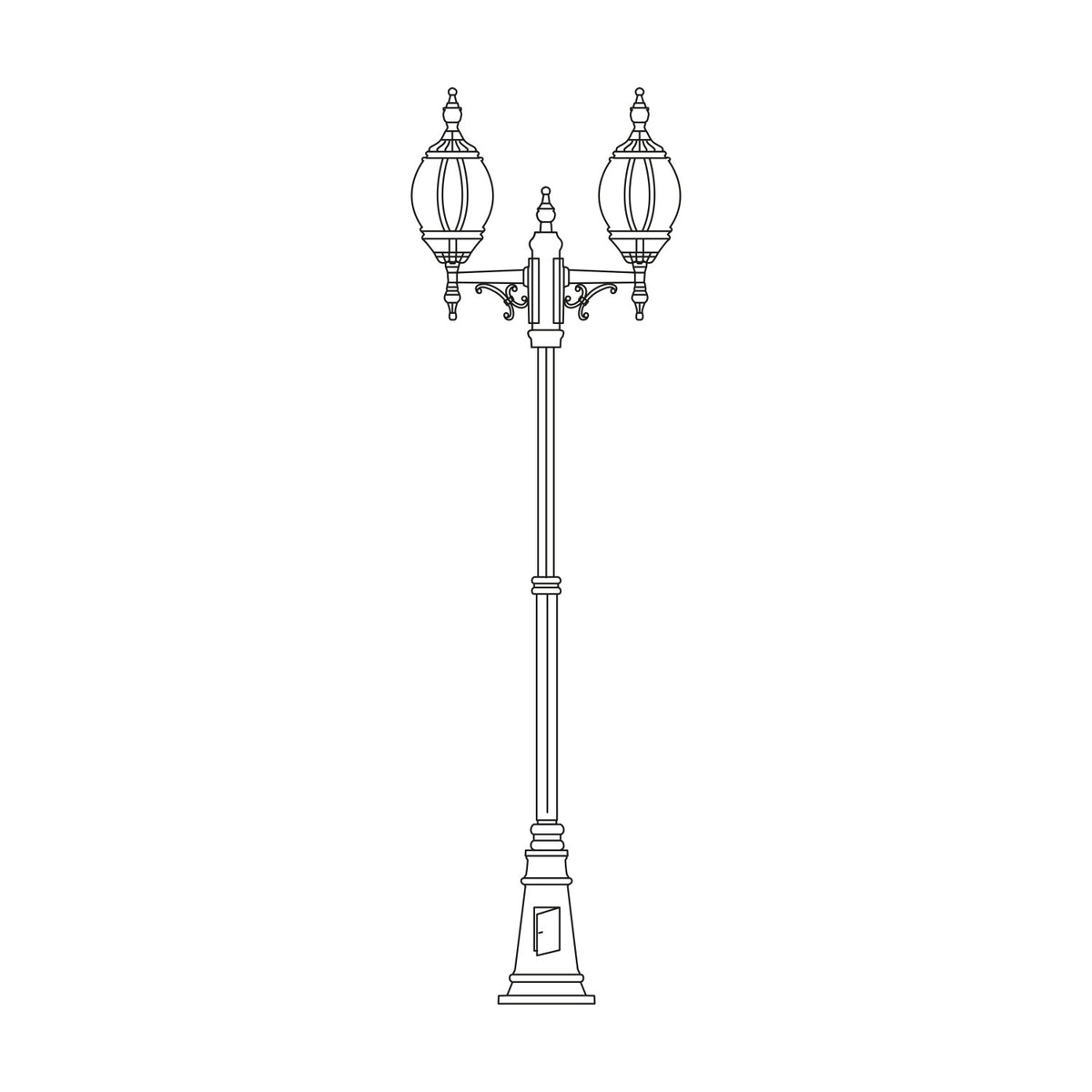 Mullion Large cast aluminium outdoor lamp post, 262cm tall, tapered column, scrolled double arms, two oval lantern heads, stepped plinth base, line drawing on white background.