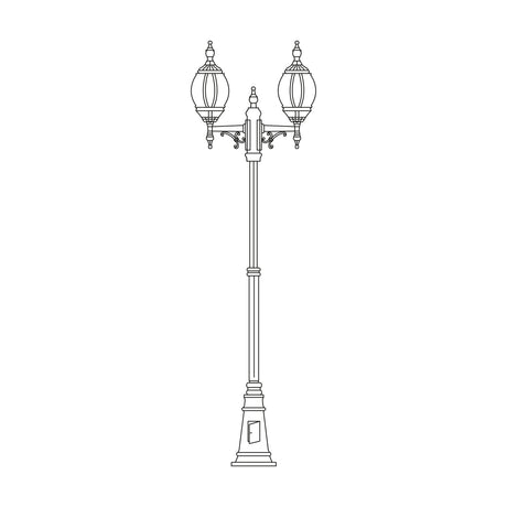 Mullion Large cast aluminium outdoor lamp post, 262cm tall, tapered column, scrolled double arms, two oval lantern heads, stepped plinth base, line drawing on white background.