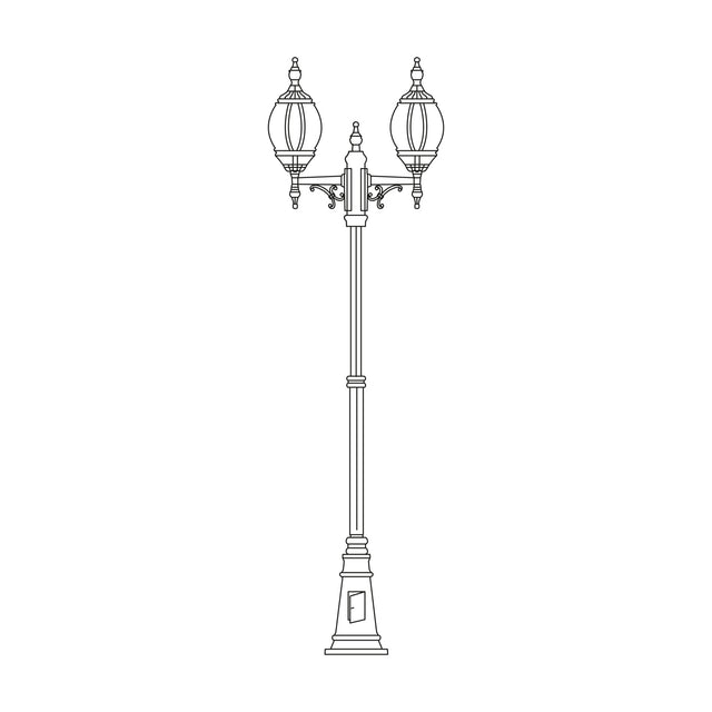 Mullion Large cast aluminium outdoor lamp post, 262cm tall, tapered column, scrolled double arms, two oval lantern heads, stepped plinth base, line drawing on white background.