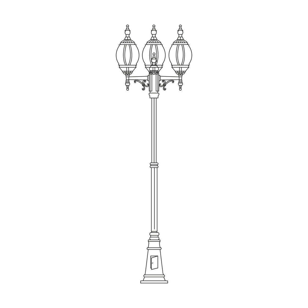 Line drawing of the Mullion Large cast aluminium outdoor 3 light lamp post, 262cm column with ornate base and three oval lantern heads, on a plain white background.