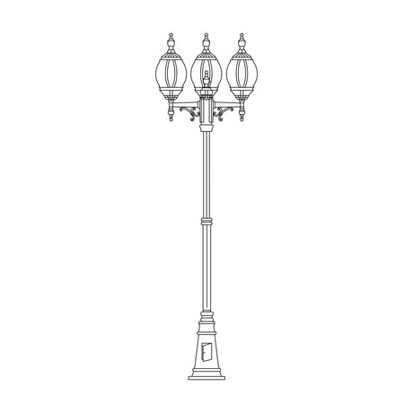 Mullion cast aluminium outdoor 3-light lamp post, 272cm tall column with ornate lantern heads on scrolled brackets, shown as a line drawing on a plain white background.