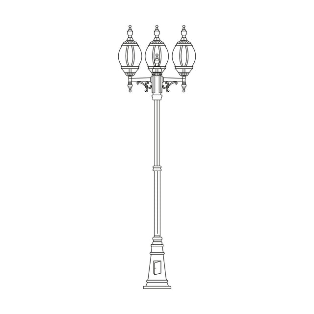 Mullion cast aluminium outdoor 3-light lamp post, 272cm tall column with ornate lantern heads on scrolled brackets, shown as a line drawing on a plain white background.