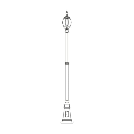 Mullion Large cast aluminium outdoor lamp post, 300cm column with single lantern head, cast base plinth, line drawing on a white background.