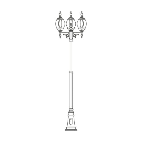 Mullion Large cast aluminium outdoor lamp post, 300cm column with scrolled brackets holding 3 lantern heads with clear polycarbonate lenses, on a moulded plinth base, line drawing on white background.