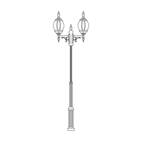 Mullion Large cast aluminium outdoor lamp post with twin lantern heads on a crossarm bracket, fluted tapering column on a stepped base, line illustration on a white background.