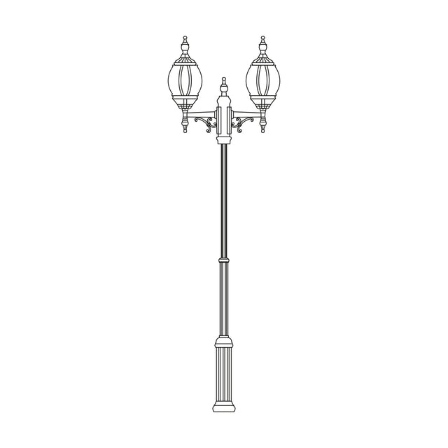 Mullion Large cast aluminium outdoor lamp post with twin lantern heads on a crossarm bracket, fluted tapering column on a stepped base, line illustration on a white background.