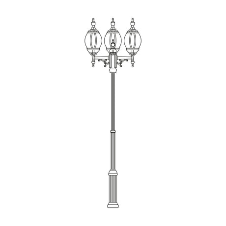Mullion Large cast aluminium outdoor lamp post with adjustable 193-258cm fluted column and 3 ornate lantern heads with clear polycarbonate lenses, shown in black line art on a white background.