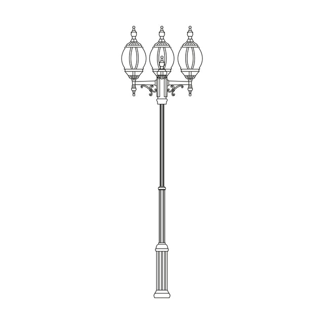 Mullion Large cast aluminium outdoor lamp post with adjustable 193-258cm fluted column and 3 ornate lantern heads with clear polycarbonate lenses, shown in black line art on a white background.