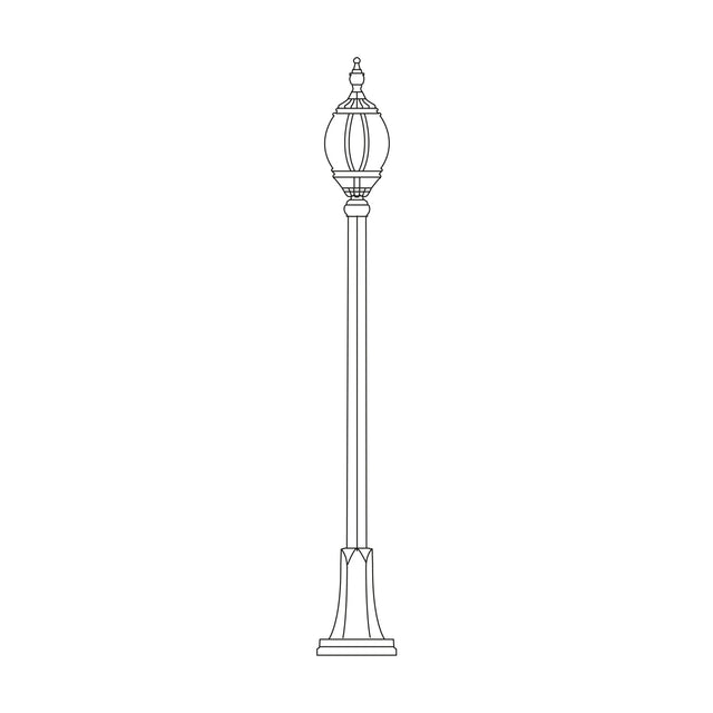 Mullion Large cast aluminium outdoor lamp post, 168cm, with a globe-style lantern head atop a slim column on a wide ribbed flange base, shown in line-art outline on a plain white background.