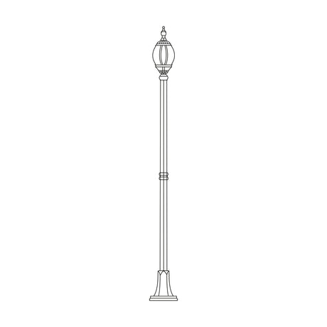 Mullion Small cast aluminium outdoor lamp post, 216cm, slim column on a wide ribbed flange-plate base with an ornate lantern top, single E27 light, shown on a plain white background.