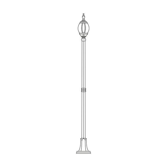 Mullion Large cast aluminium outdoor lamp post, 224cm, with slim column, ribbed flange-plate base, and single lantern head, shown as a line drawing on a white background.