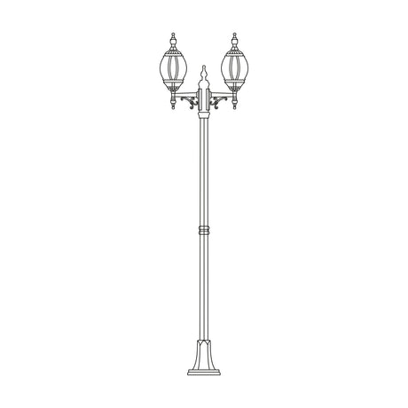 Line drawing of the Mullion Small 2-light outdoor lamp post, 216cm cast aluminium column with ribbed flange base and twin ornate lantern heads, shown on a plain white background.