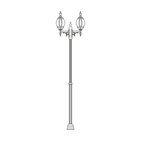 Mullion Small cast aluminium outdoor lamp post, 160-243cm, with twin ornate lantern heads and scrolled brackets atop a tall fluted column, shown on a plain white background.