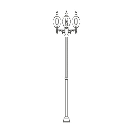 Mullion Small cast aluminium outdoor lamp post, 160-243cm column with 3 ornate lantern heads and decorative finials, line illustration on a white background.