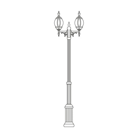 Mullion Small cast aluminium outdoor lamp post, fluted 165-230cm column with two ornate lanterns, scrollwork brackets, finial tops and clear polycarbonate lenses, on white background.