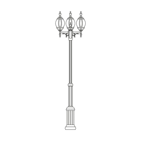 Mullion Small cast aluminium outdoor lamp post, 165-230cm, with fluted column and 3 ornate lantern heads featuring scrollwork arms, shown in line drawing on a white background.