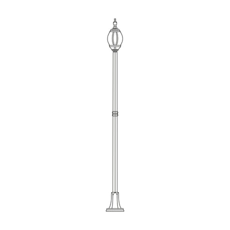 Line drawing of the Mullion Large cast aluminium outdoor lamp post, 262cm column with a single lantern head and ribbed flange plate base, on a plain white background.