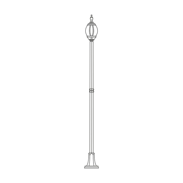 Line drawing of the Mullion Large cast aluminium outdoor lamp post, 262cm column with a single lantern head and ribbed flange plate base, on a plain white background.