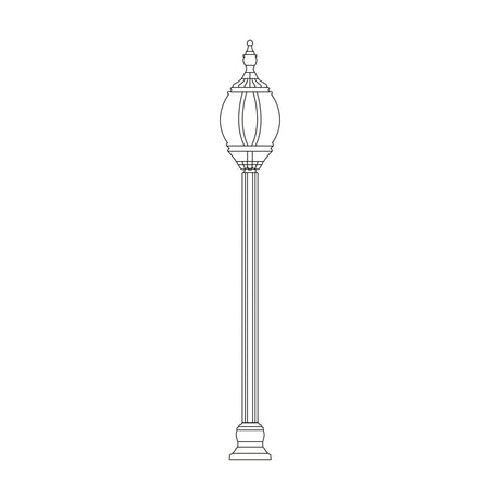 Mullion Small cast aluminium outdoor lamp post, 138cm column with a single-light lantern head and clear polycarbonate lens, shown in line-drawing form on a plain white background.