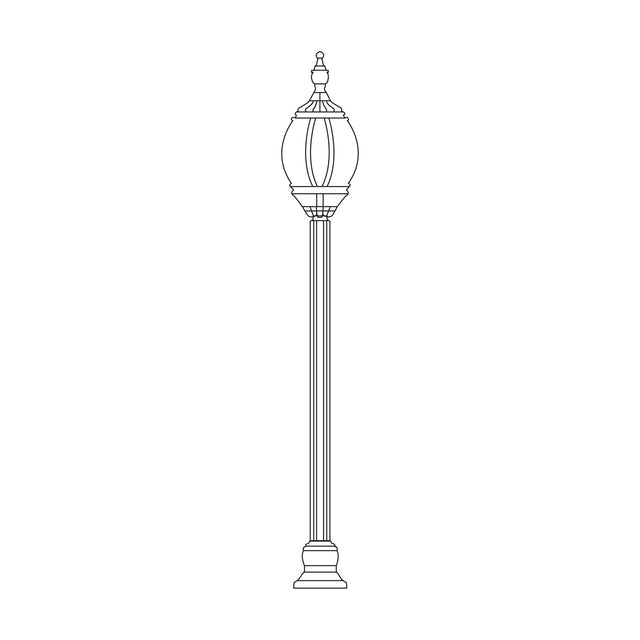 Mullion cast aluminium outdoor lamp post, 145cm column with single ornate lantern head and clear polycarbonate lens, shown in line-art style on a plain white background.