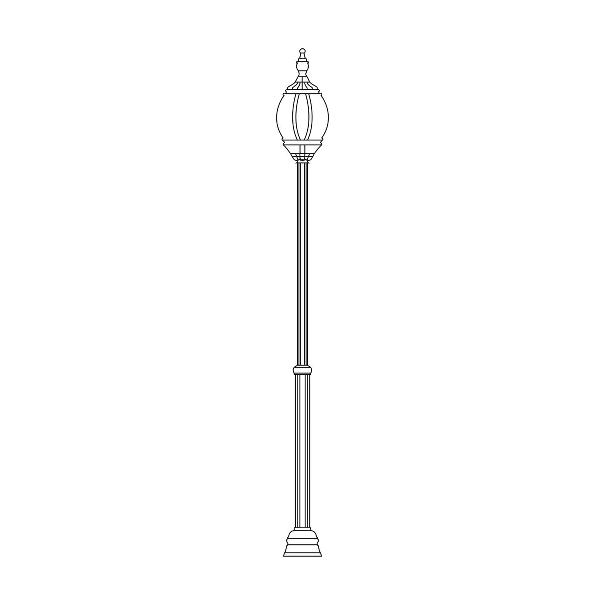 Mullion cast aluminium outdoor lamp post, 134-199cm, with a single lantern head and clear polycarbonate lens atop a fluted column on a stepped base, line drawing on white background.