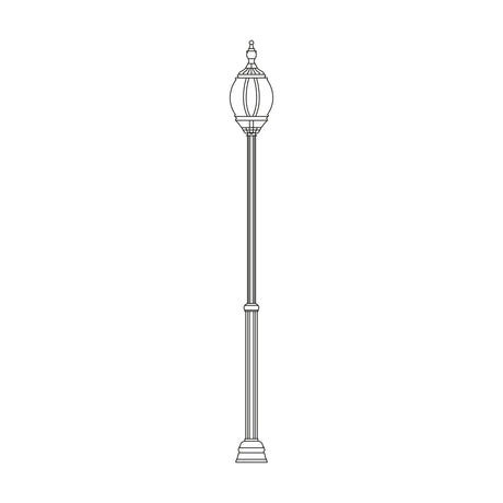 Mullion cast aluminium outdoor lamp post, 134-199cm, with a single lantern head and clear polycarbonate lens atop a fluted column on a stepped base, line drawing on white background.
